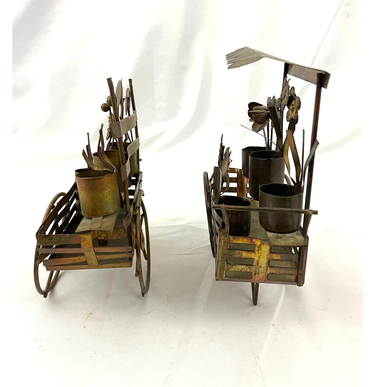 VTG Lot of 2 Copper Market Wagon Metalware Decor Flower Cart Farmers Sculpture