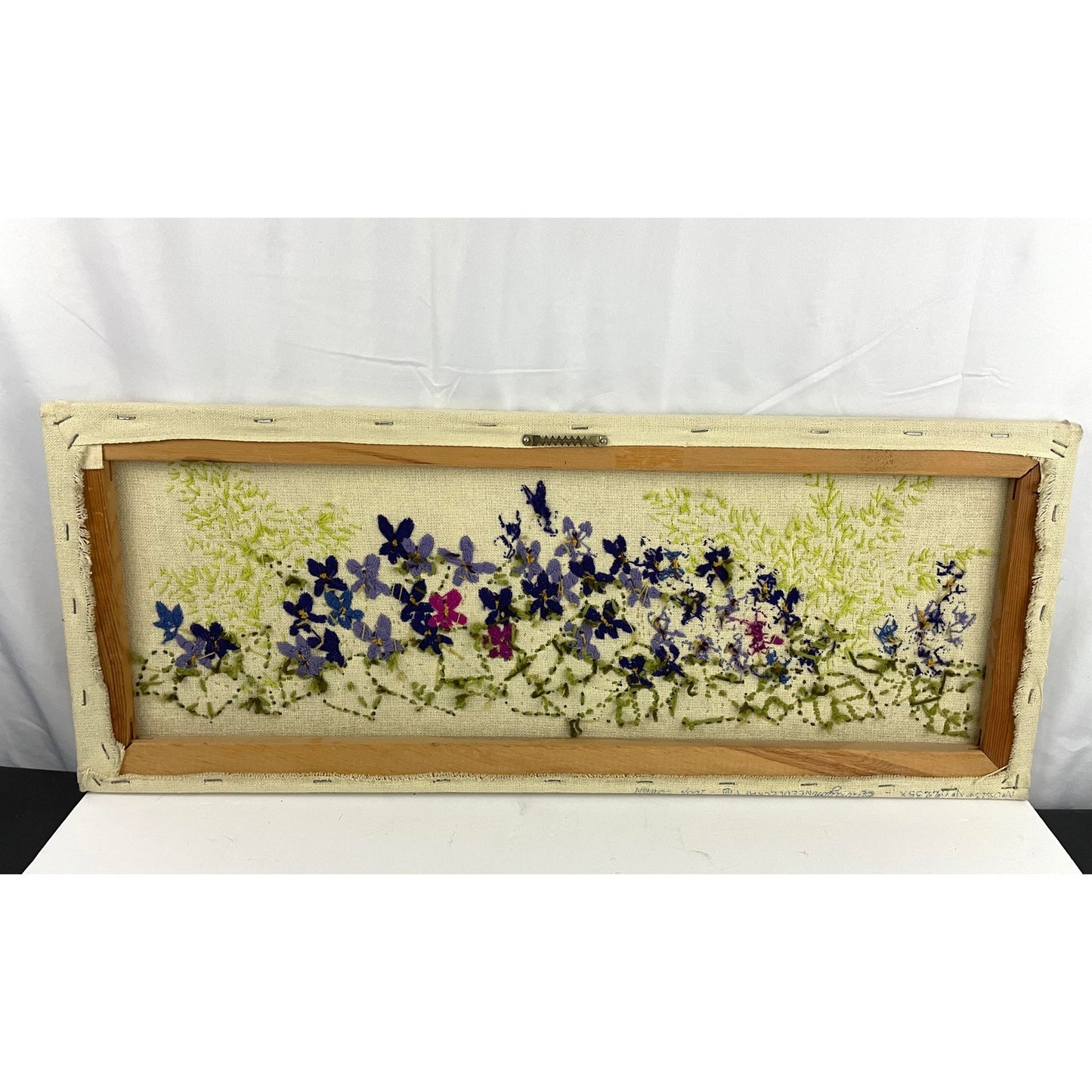 VTG Crewel Floral Embroidered Framed Textile Yarn Fiber Wall Art 29.5"x12" MCM