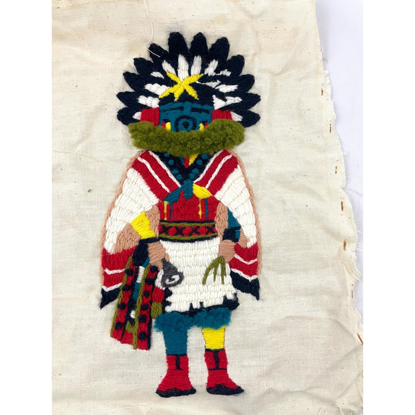 VTG Crewel Native Kachina 70s Needlecraft Hand Embroidered Art 12"x15" Unframed