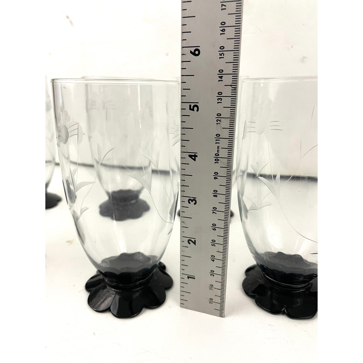 VTG Weston Etched Art Deco Floral Lily Base Black Footed Glasses Set of 7