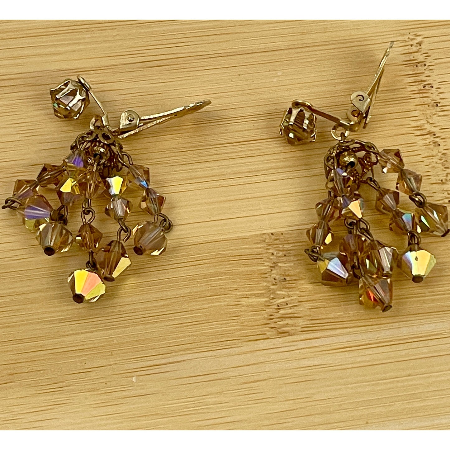 VTG Crystal Chandelier Clip On Earring Brown Iridescent Beaded Dangle 2" Long