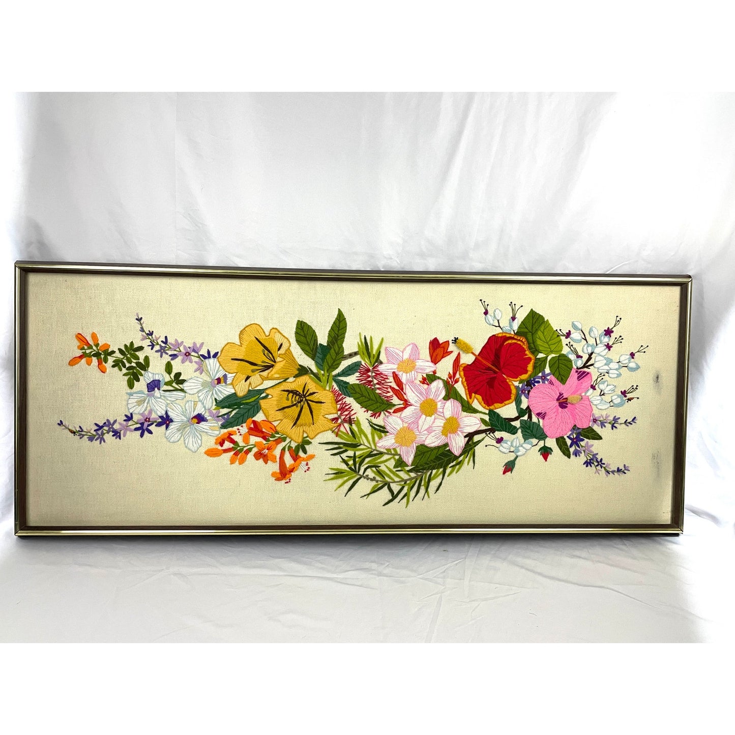 VTG Crewel Wildflowers Floral Embroidered Fiber Wall Art 16.5"x43" MCM 1970's