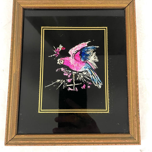 VTG Folk Art Tinsel Foil Reverse Artwork Framed 70s Parrot Bird 6.5"x8"