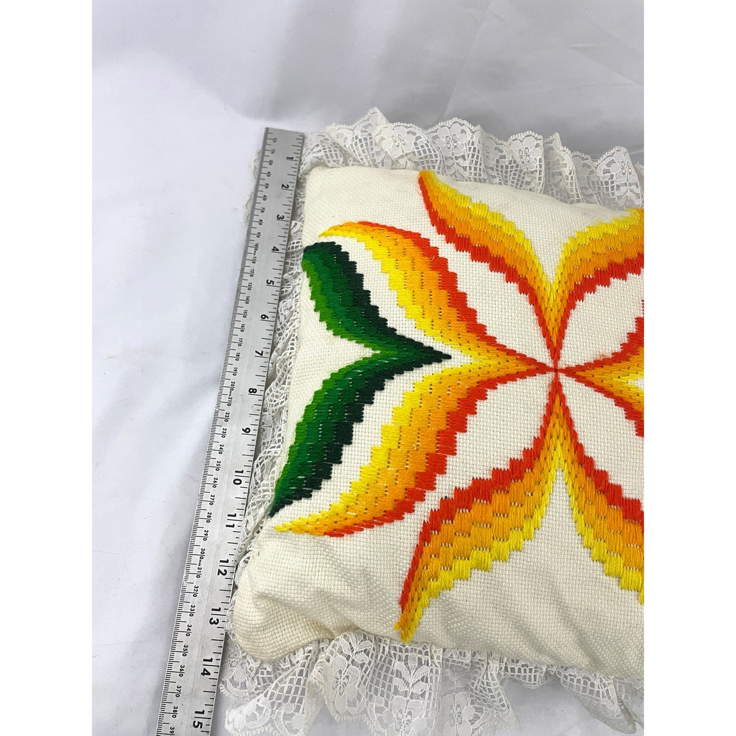 VTG Abstract Floral Ruffles Stitch Pillow 1980's Embroidery Granny-core 15"x15"