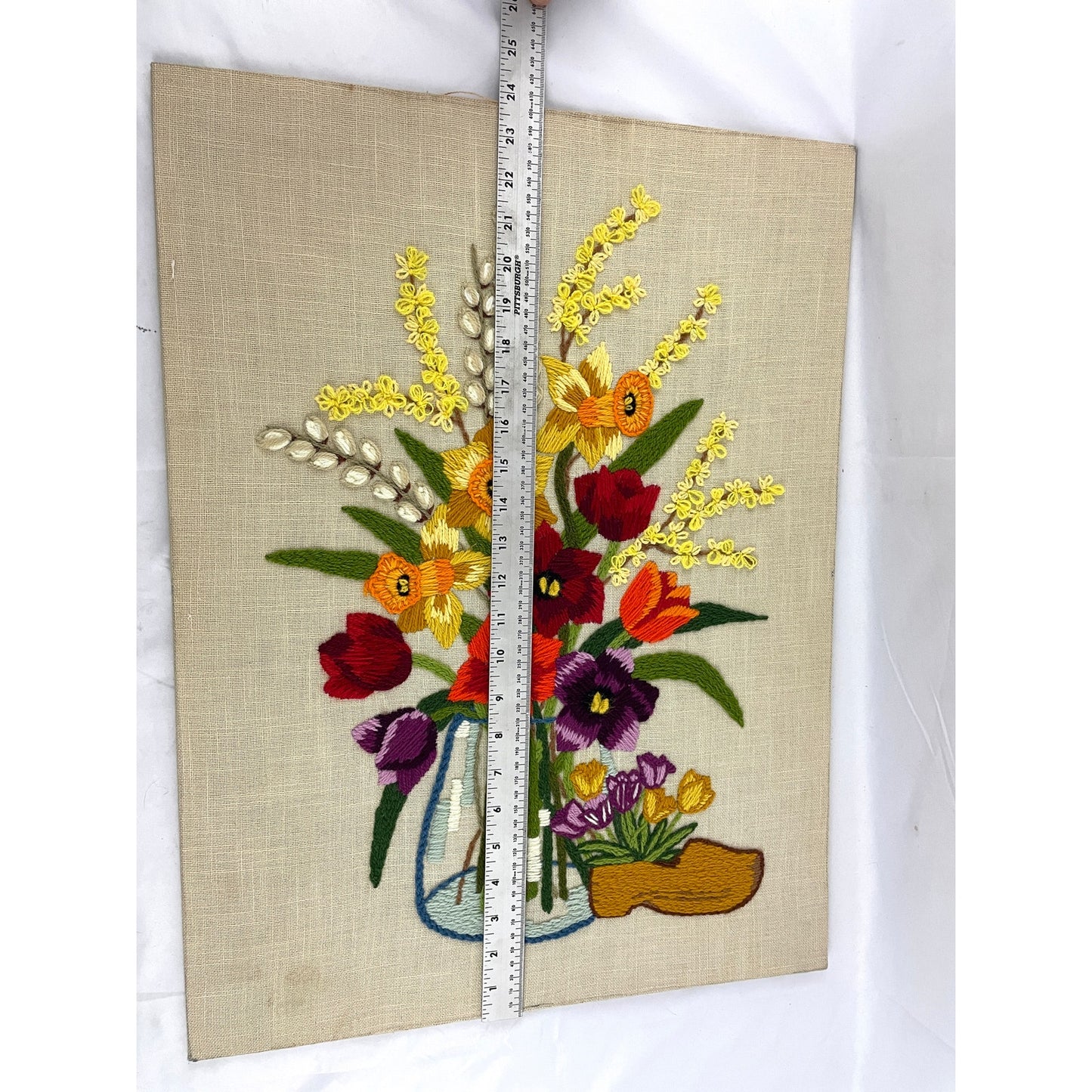 VTG Crewel Floral Vase Needlepoint 70's Fiber Wall Art Embroidered MCM Paragon