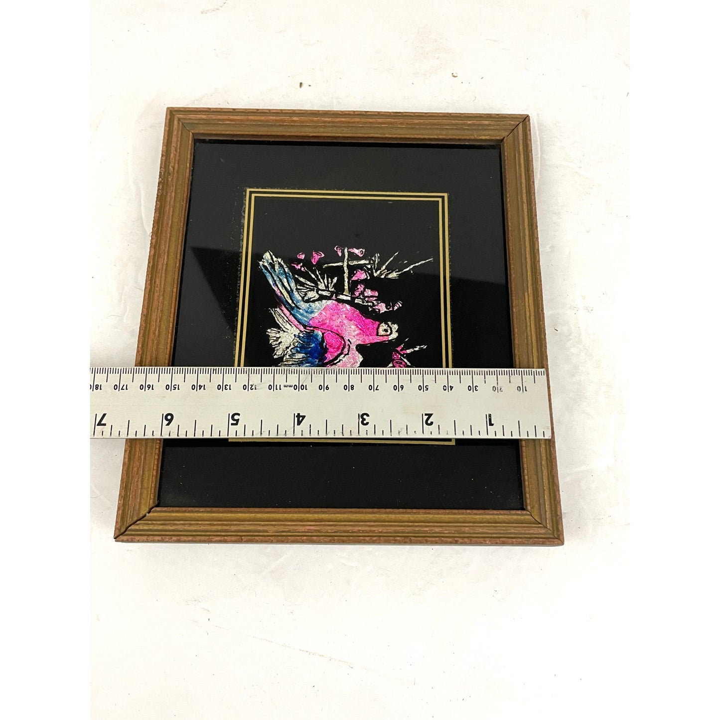 VTG Folk Art Tinsel Foil Reverse Artwork Framed 70s Parrot Bird 6.5"x8"