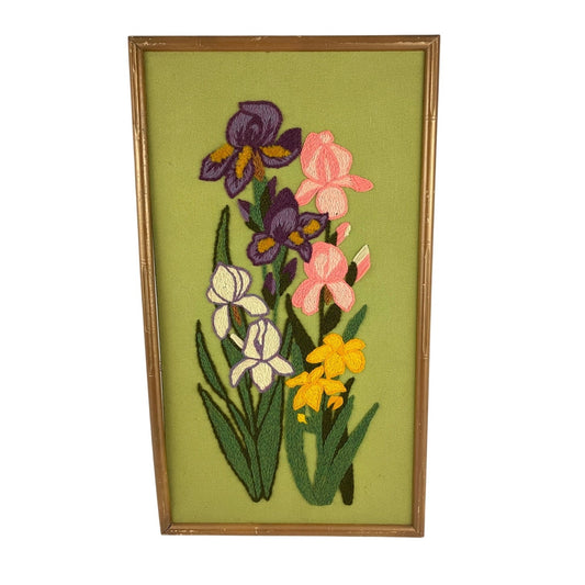 VTG Crewel Floral Iris Needlepoint Framed 70's Embroidered Wall Art 13"x34"