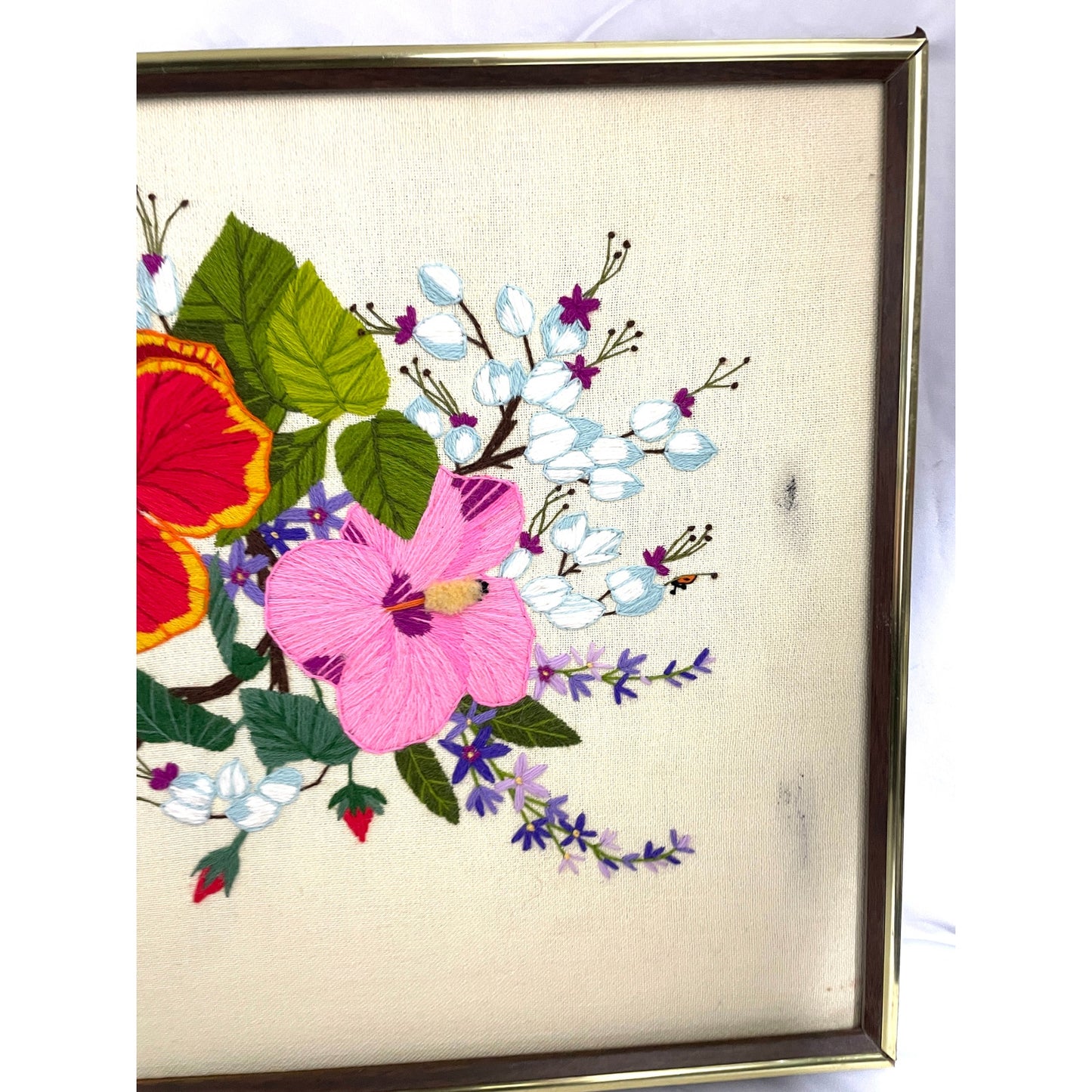 VTG Crewel Wildflowers Floral Embroidered Fiber Wall Art 16.5"x43" MCM 1970's