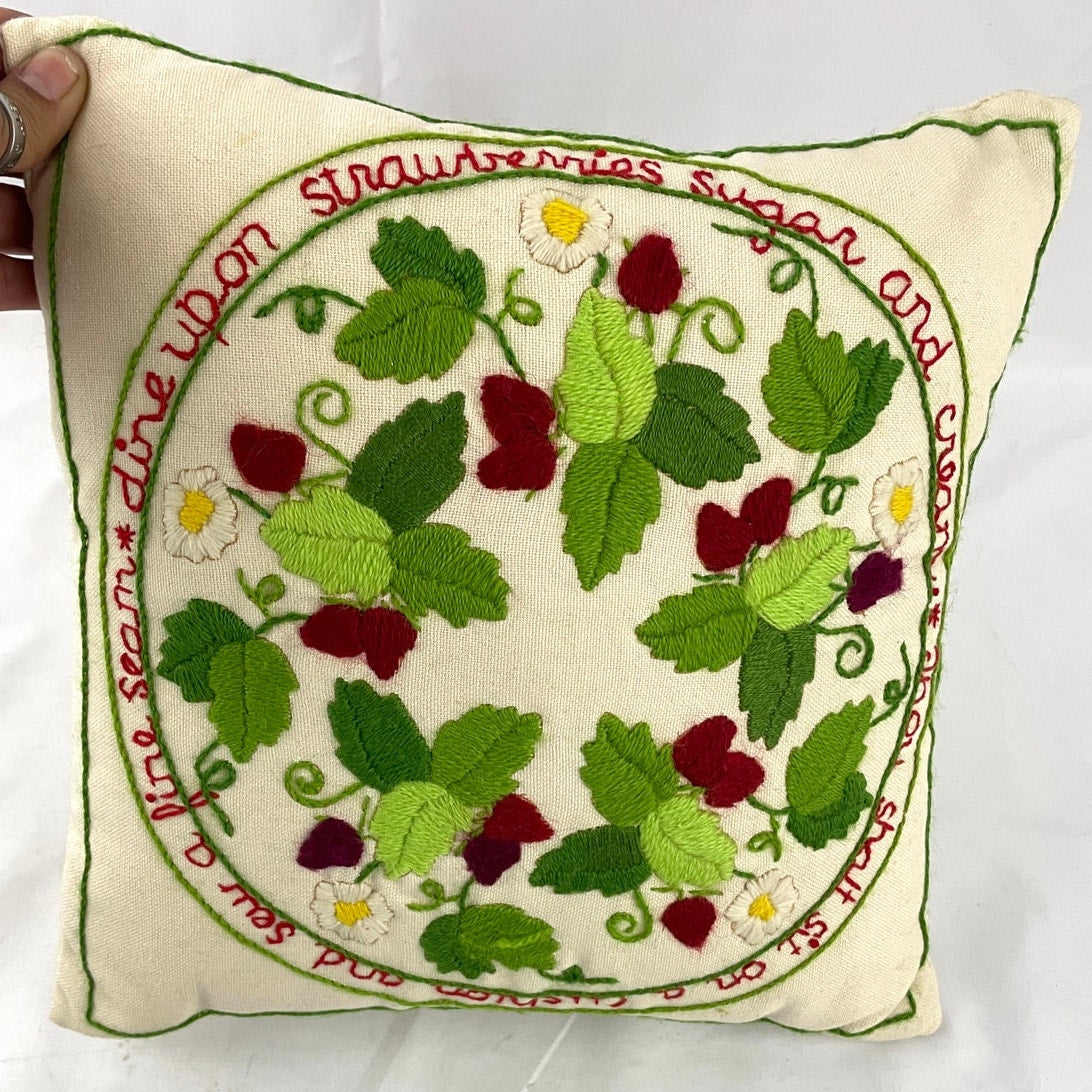 VTG Hand Stitched Strawberries Crewel Embroidery Throw Pillow 1080s 12"x12"