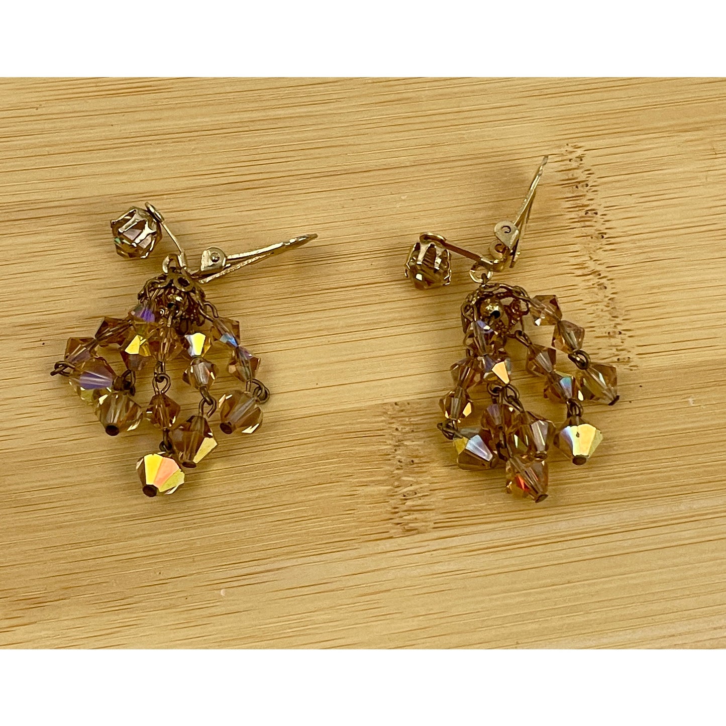 VTG Crystal Chandelier Clip On Earring Brown Iridescent Beaded Dangle 2" Long