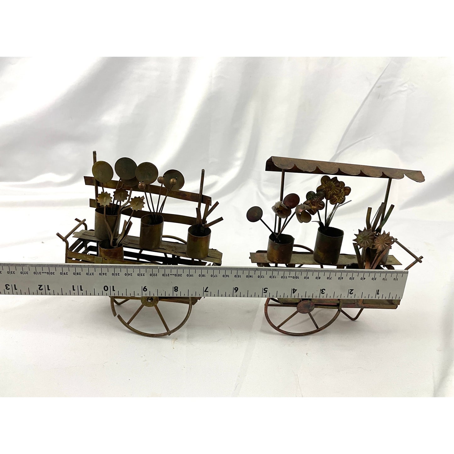 VTG Lot of 2 Copper Market Wagon Metalware Decor Flower Cart Farmers Sculpture