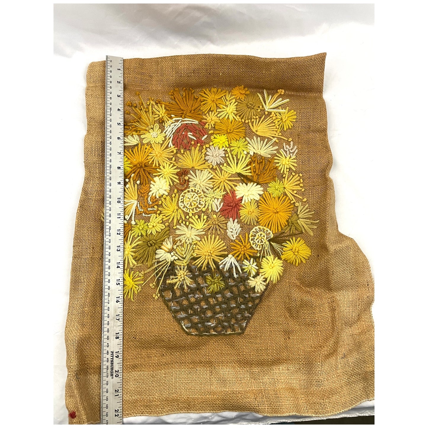 VTG Crewel Flowers Bouquet Needlecraft Embroidered Wall Art 16"x22" 70s Unframed