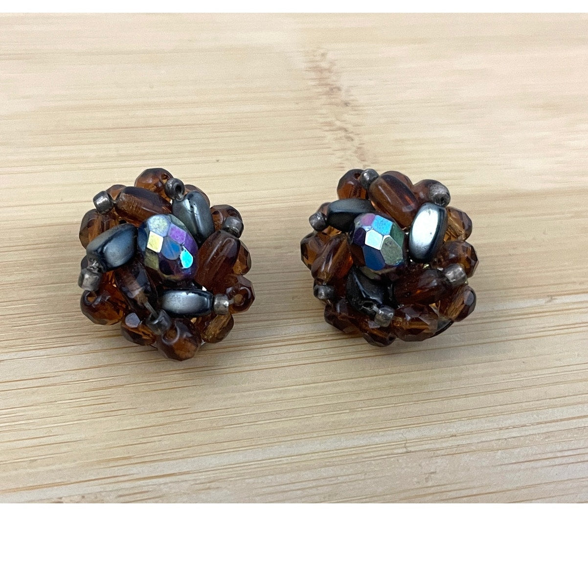 VTG Glass Bead Cluster Clip On Earrings Brass West Germany Iridescent