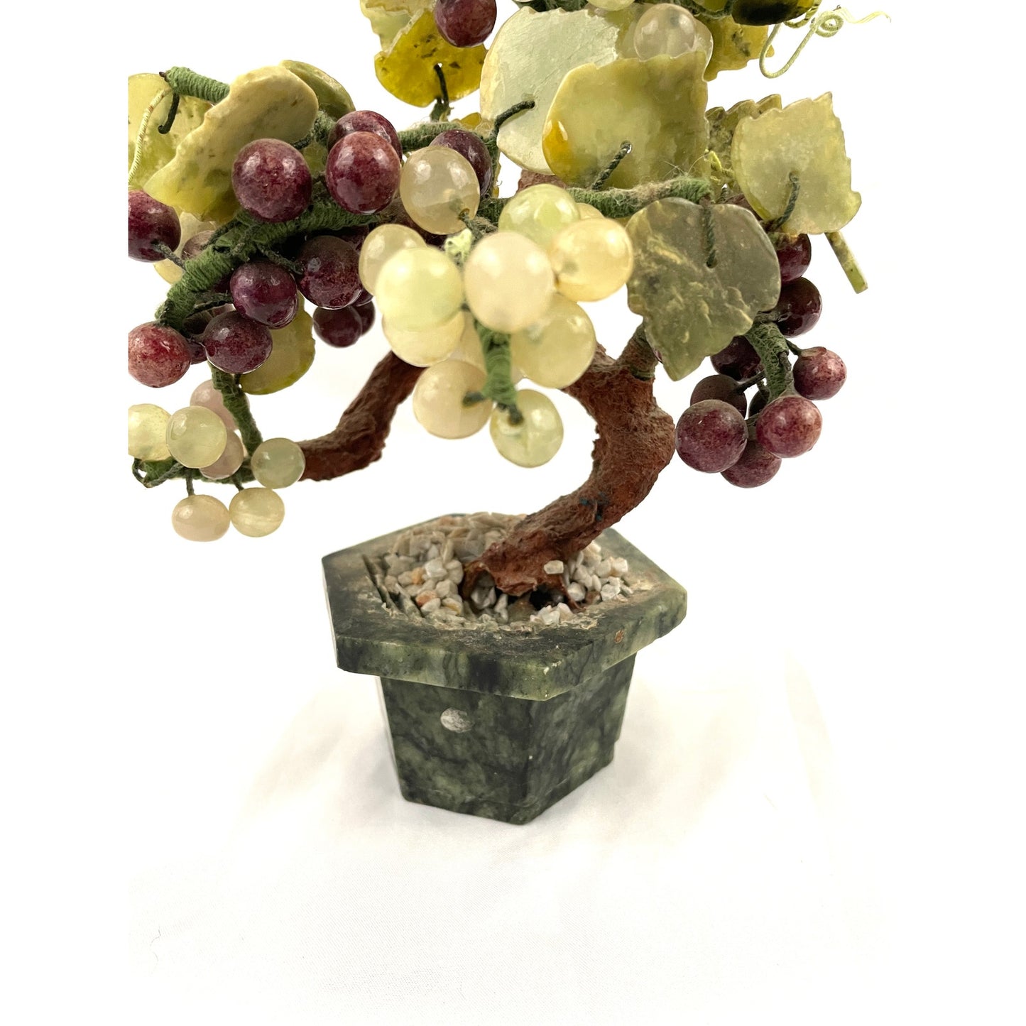 VTG Green Jade Carved Leaves Grapes Berries Fruit Faux Bonsai Tree 8" Tall