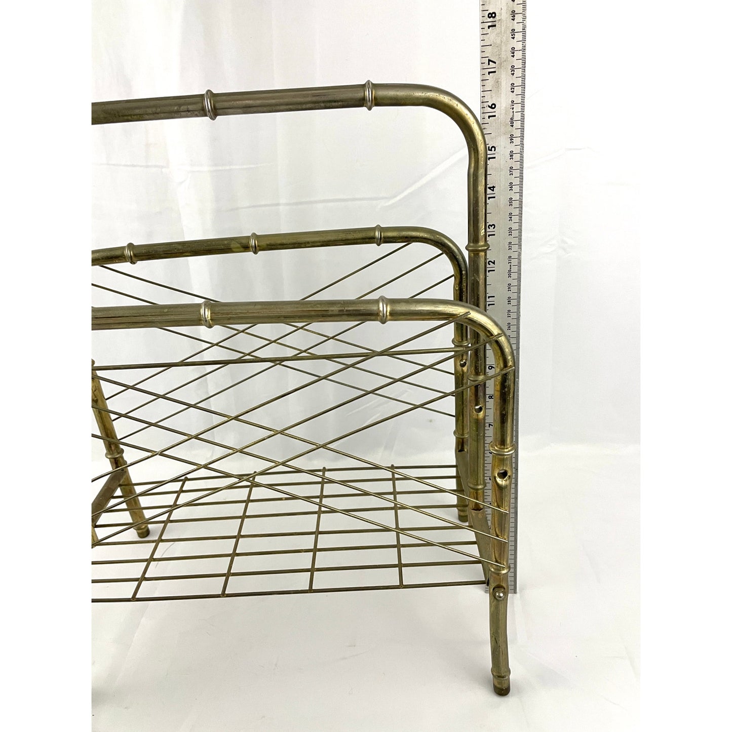 VTG Hollywood Regency Gold Metal Bamboo Cane Magazine Newspaper Stand Rack MCM