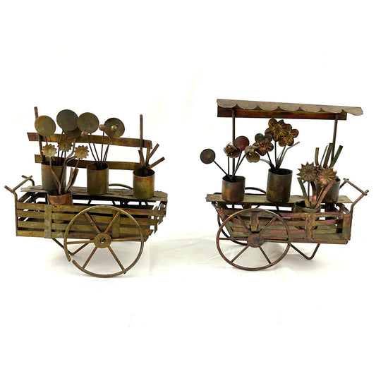 VTG Lot of 2 Copper Market Wagon Metalware Decor Flower Cart Farmers Sculpture