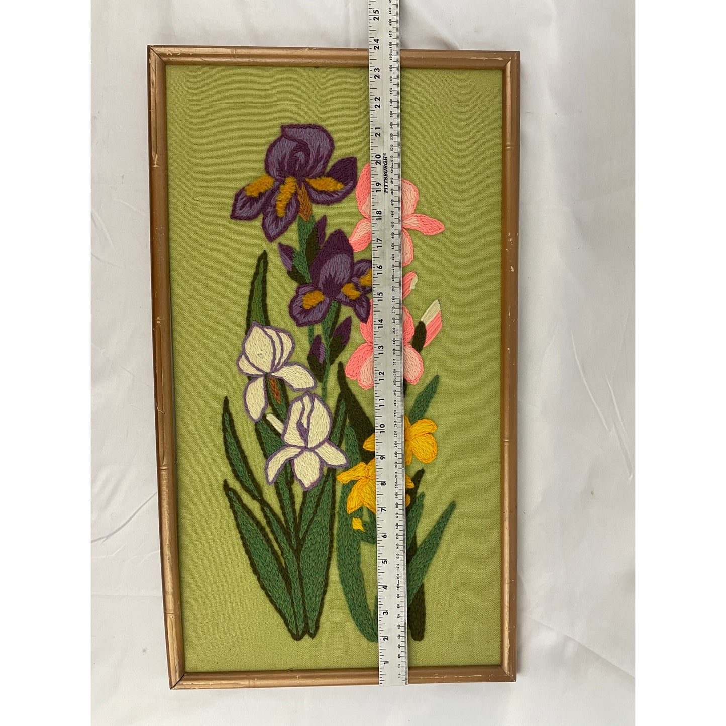 VTG Crewel Floral Iris Needlepoint Framed 70's Embroidered Wall Art 13"x34"