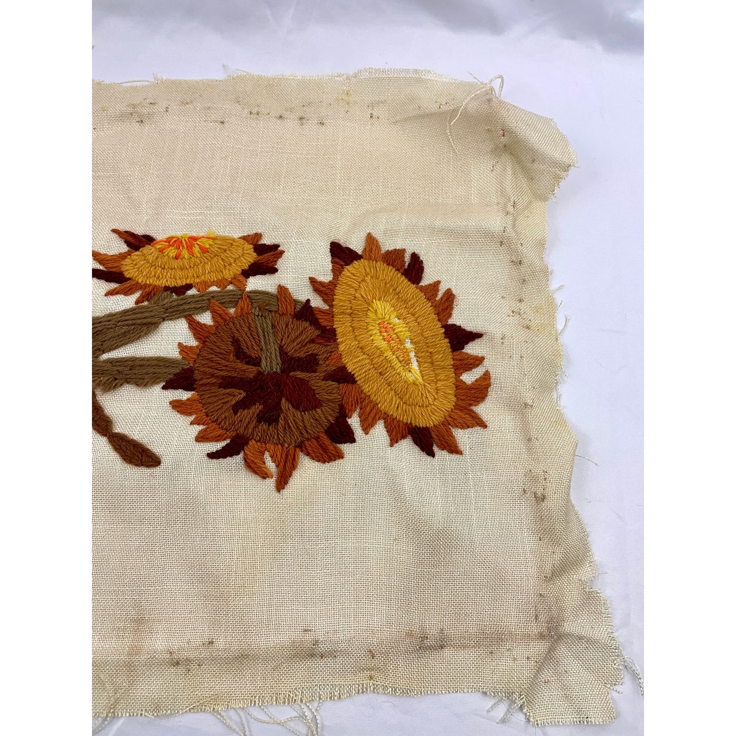 VTG Crewel Sunflower 70s Needlecraft Hand Embroidered Fiber Art 15"x30" No frame