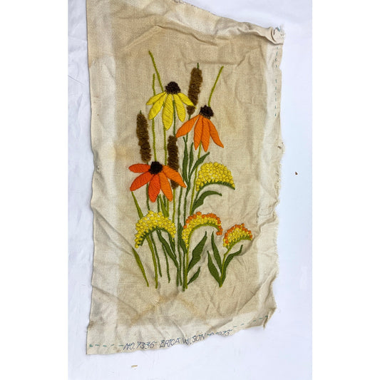 VTG Crewel Wildflowers Floral Embroidered Fiber Wall Art 15"x25" MCM 1970s