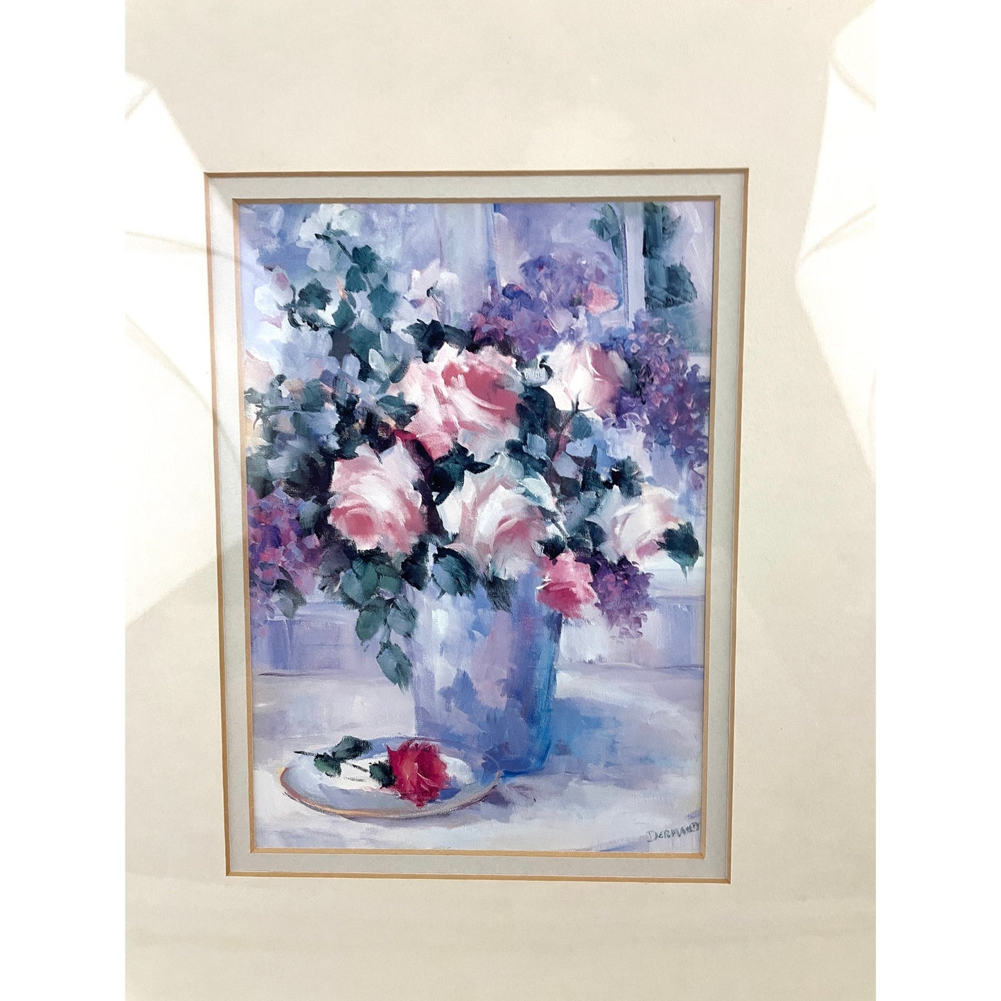 VTG Pink Roses In Vase Penny Dermand Print Wall Decor Hanging Framed 12"x15"