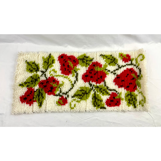 VTG Latch Hook Rug Wall Hanging Artwork Strawberries Fruit 12"x 27" Handmade