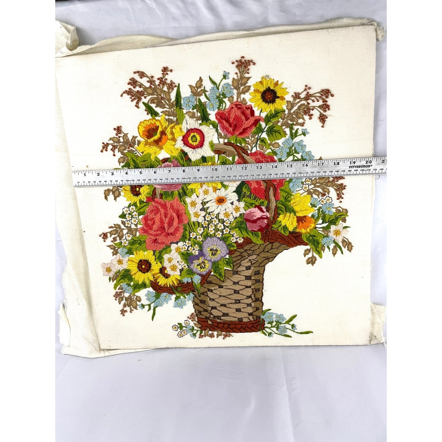 VTG Crewel Embroidered Floral Arrangement Mount 70's MCM Fiber Wall Art 20"X21"