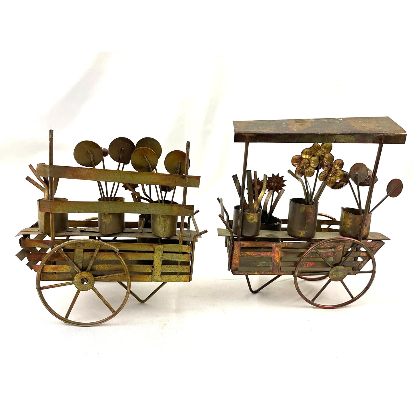 VTG Lot of 2 Copper Market Wagon Metalware Decor Flower Cart Farmers Sculpture