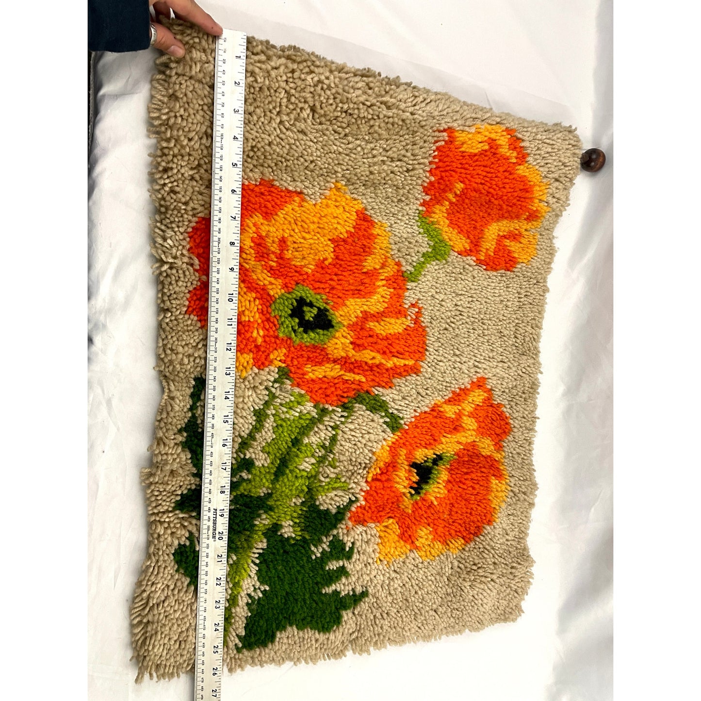 VTG Orange Poppies Latch Hook Rug Wall Hanging Artwork Flowers 19"x26" Handmade