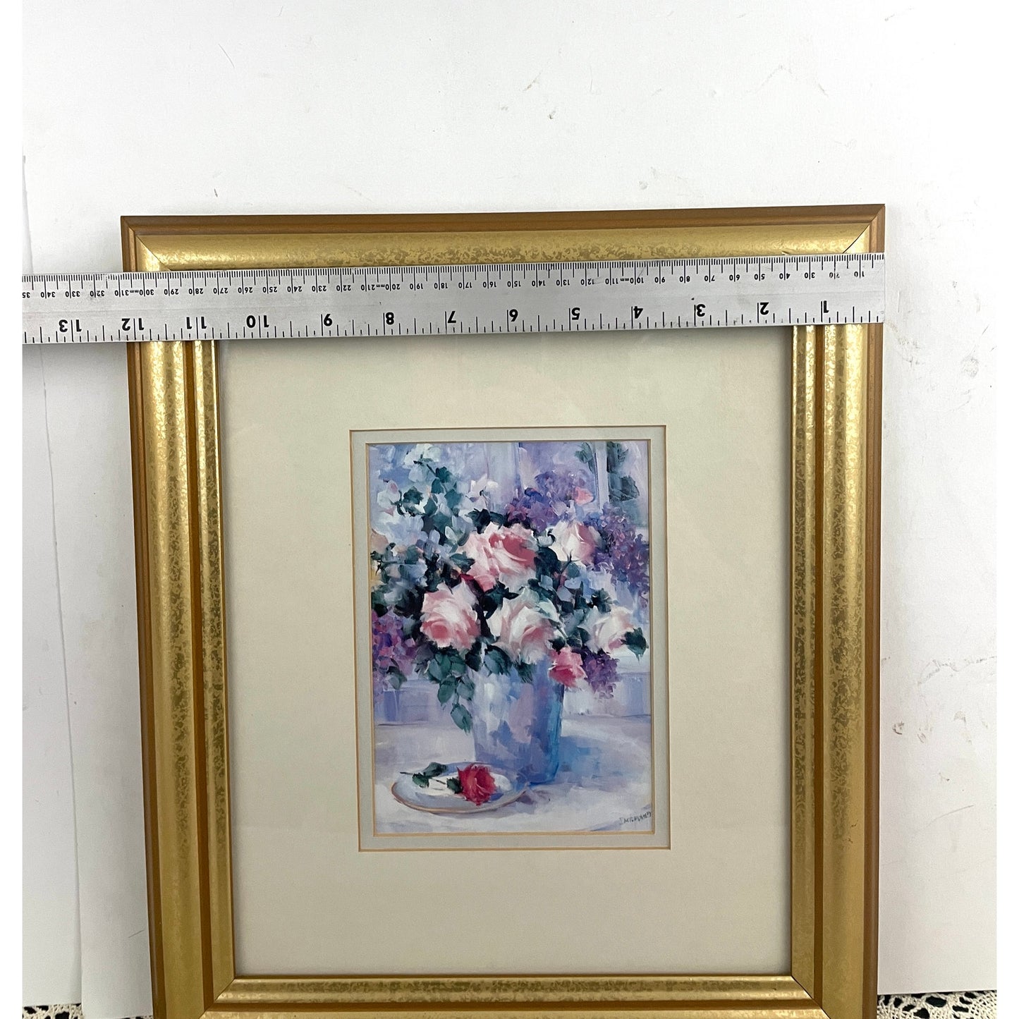 VTG Pink Roses In Vase Penny Dermand Print Wall Decor Hanging Framed 12"x15"