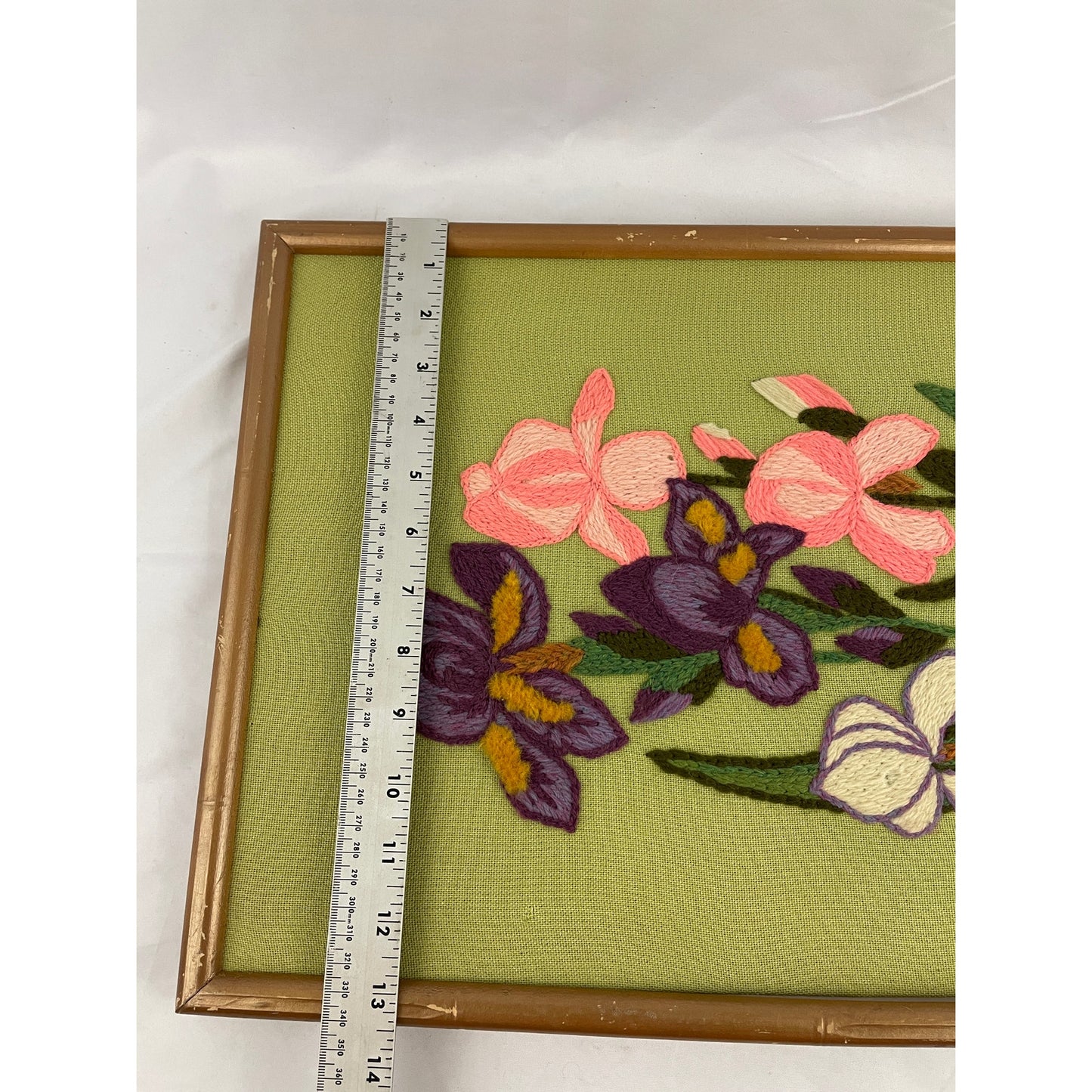 VTG Crewel Floral Iris Needlepoint Framed 70's Embroidered Wall Art 13"x34"