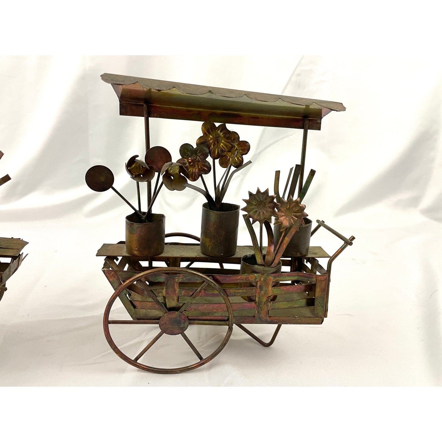 VTG Lot of 2 Copper Market Wagon Metalware Decor Flower Cart Farmers Sculpture