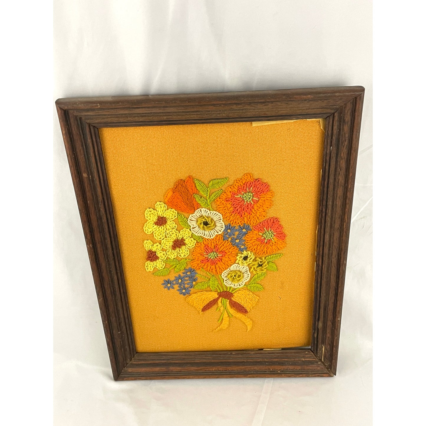 VTG Crewel Flowers Bouquet Needlecraft Embroidered Framed Wall Art 14.5"x18" 70s