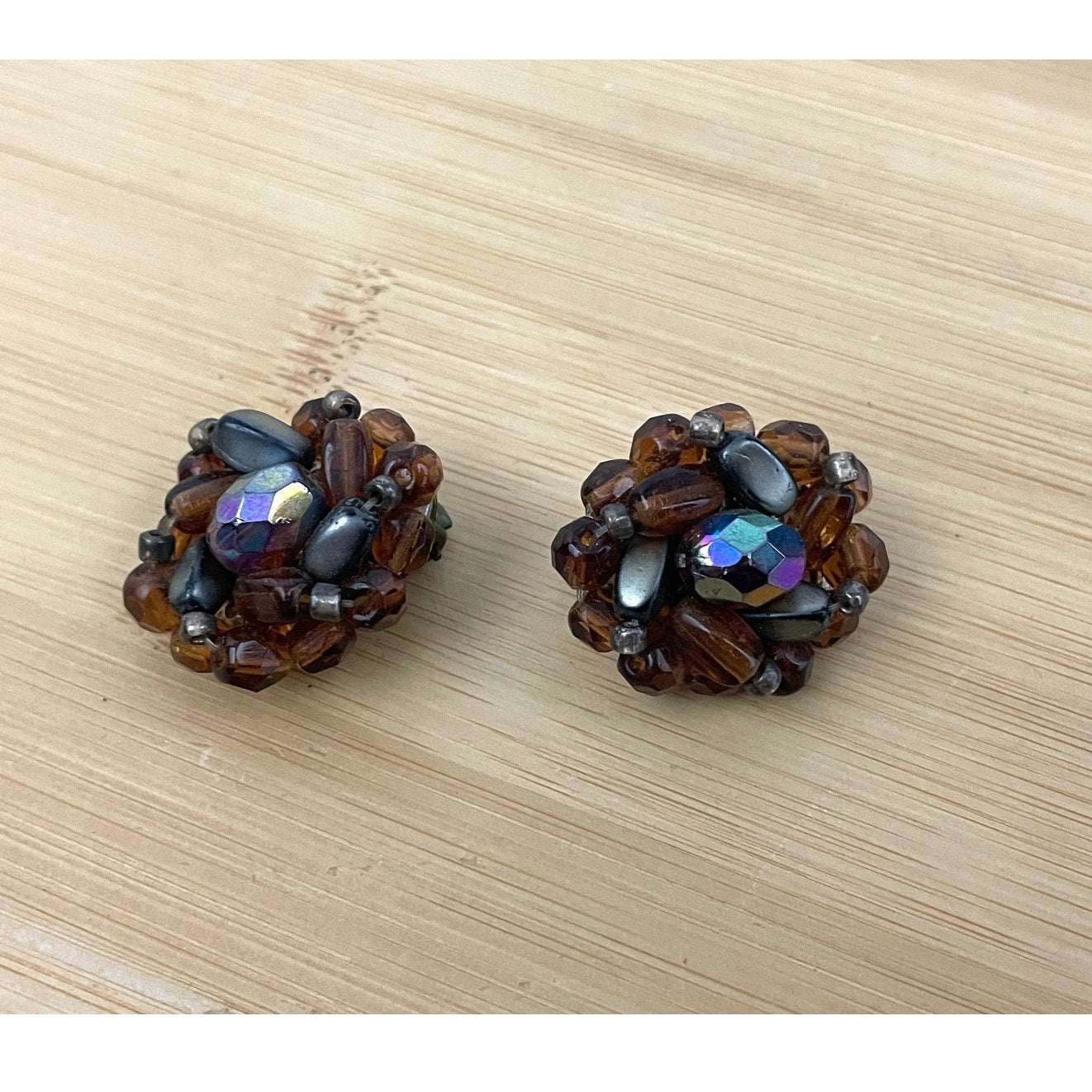 VTG Glass Bead Cluster Clip On Earrings Brass West Germany Iridescent