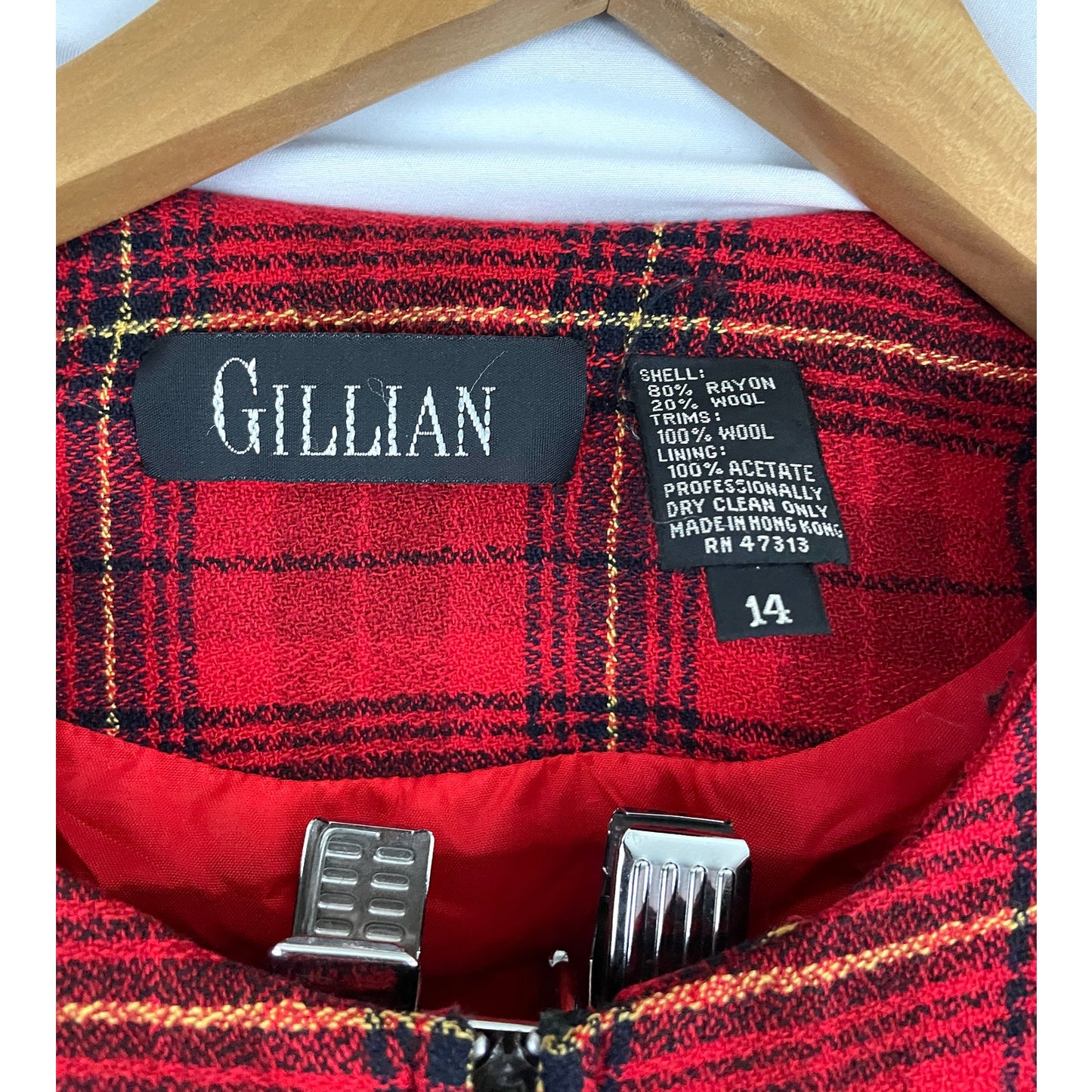 VTG Gillian Red Plaid Wool 2PC Skirt & Jacket Sz 14 Full Zip 1990's Clueless