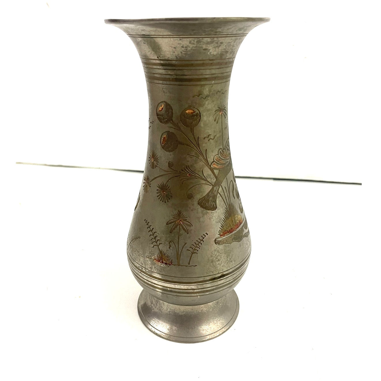 VTG Silver Tone Metal Middle Eastern Vase With Etching 8" Tall Birds Fish