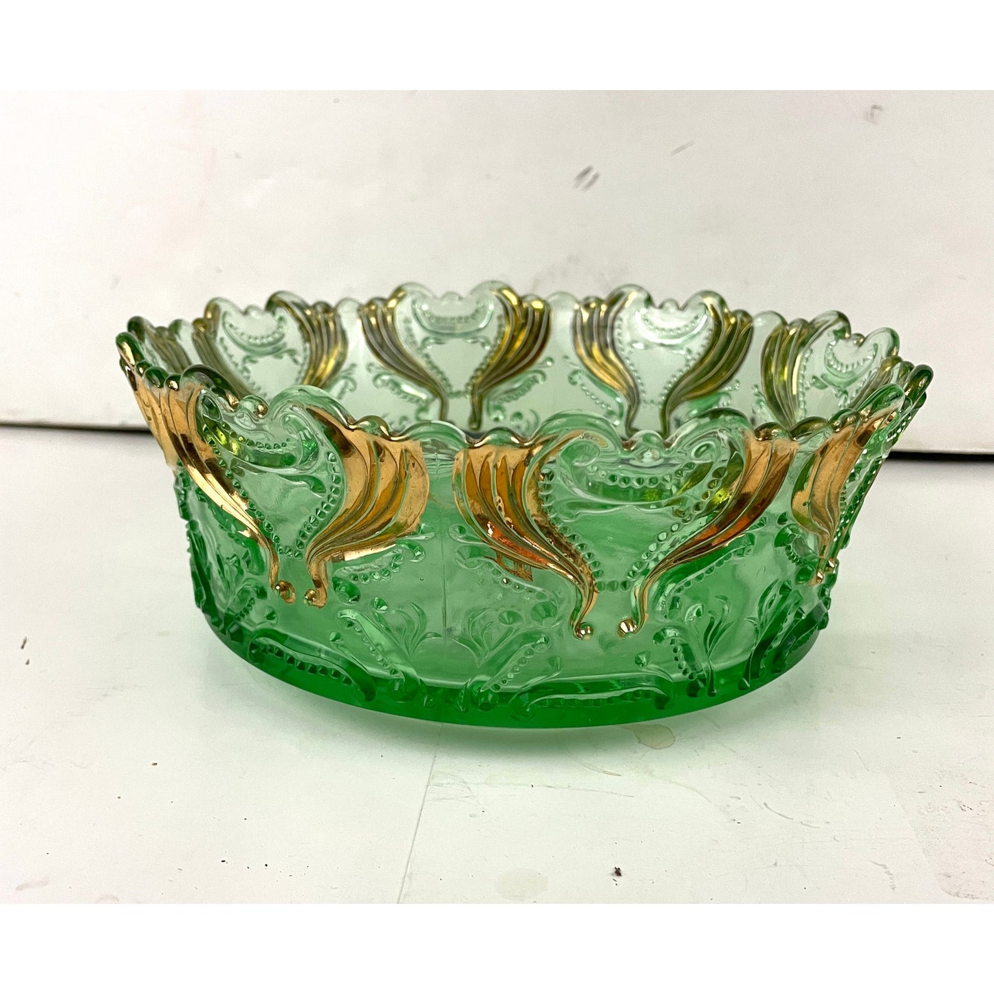 VTG Idyll Pattern Jefferson Pressed Glass Bowl Green Gold Accent