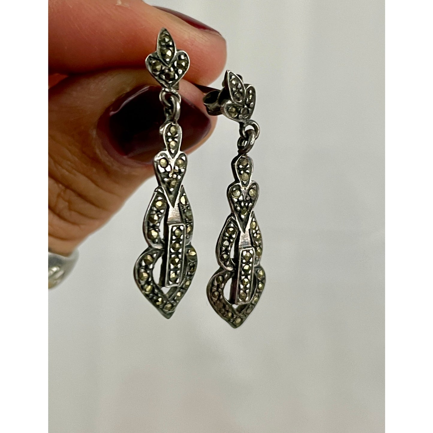 VTG Marcasite and Sterling Silver 925 Dangle Earrings Unique Rare Stamped