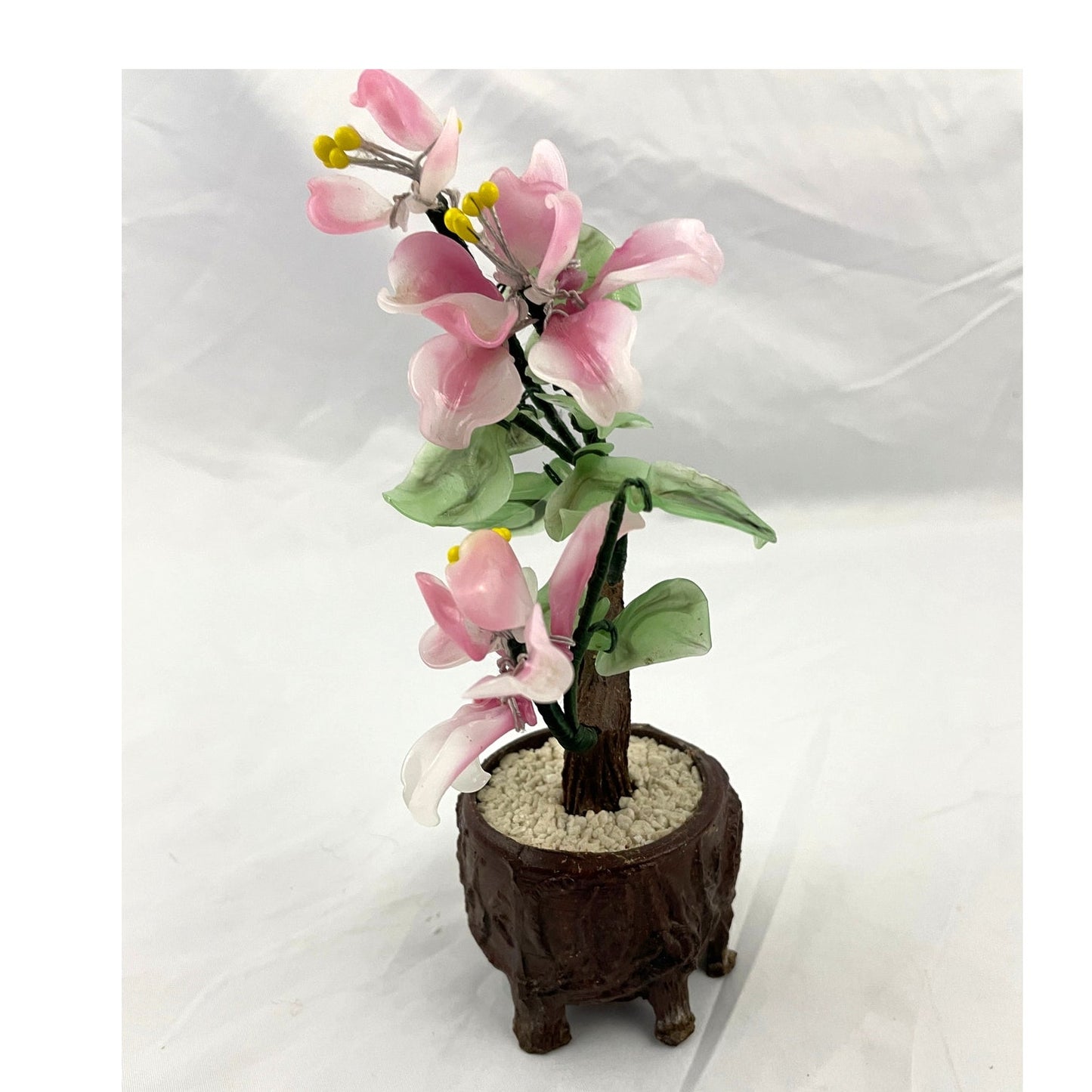 VTG Pink Cherry Blossom Jade Carved Leaves Faux Bonsai Tree 8" Tall