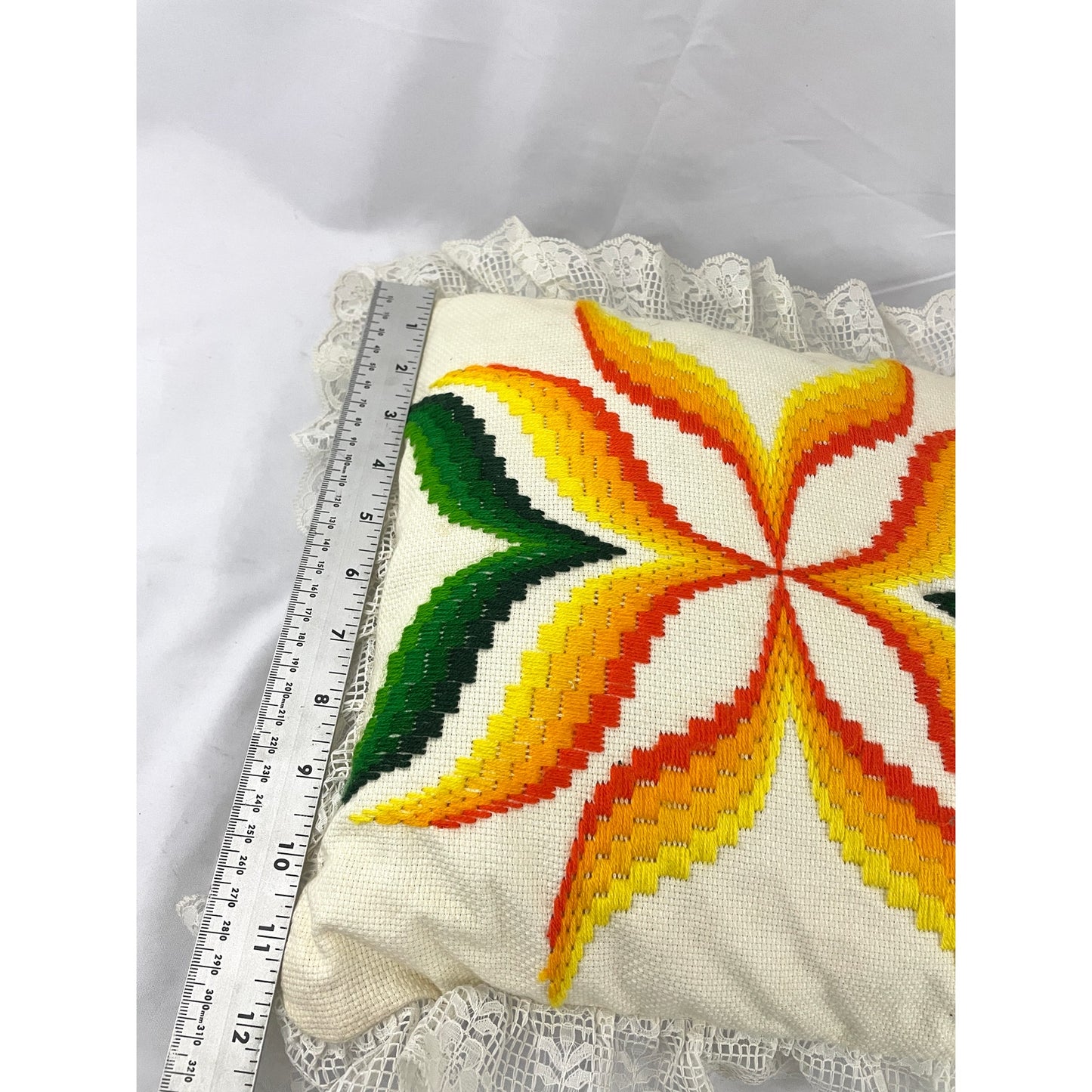 VTG Abstract Floral Ruffles Stitch Pillow 1980's Embroidery Granny-core 15"x15"