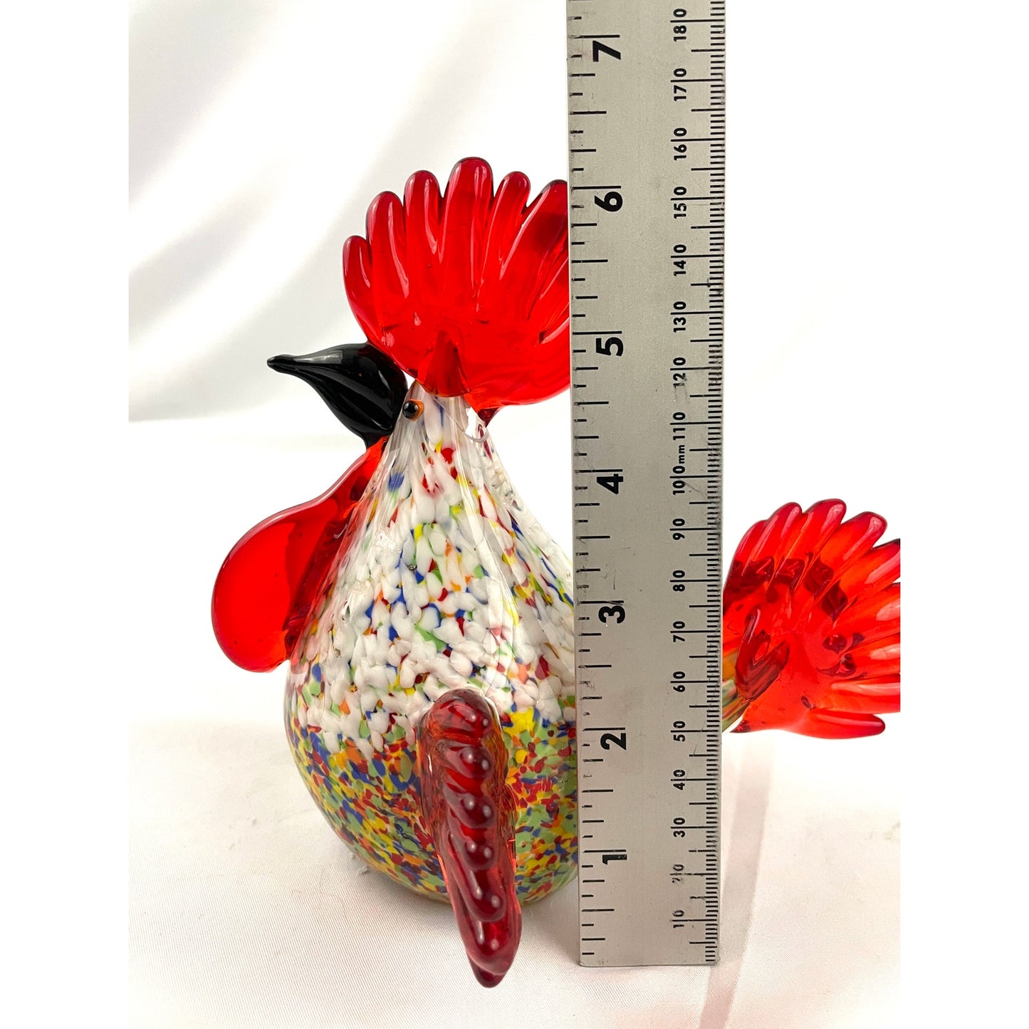 Rainbow Speckled Hand Blown Glass Rooster Murano Style Art Figurine Paperweight