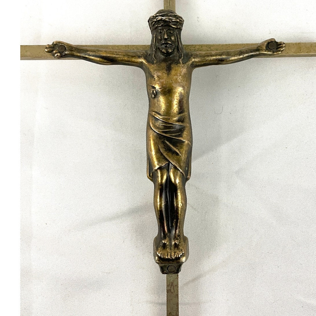 VTG Brass Crucifix Cross Jesus Christ Wall Hanging Engraved INRI Religion 9"