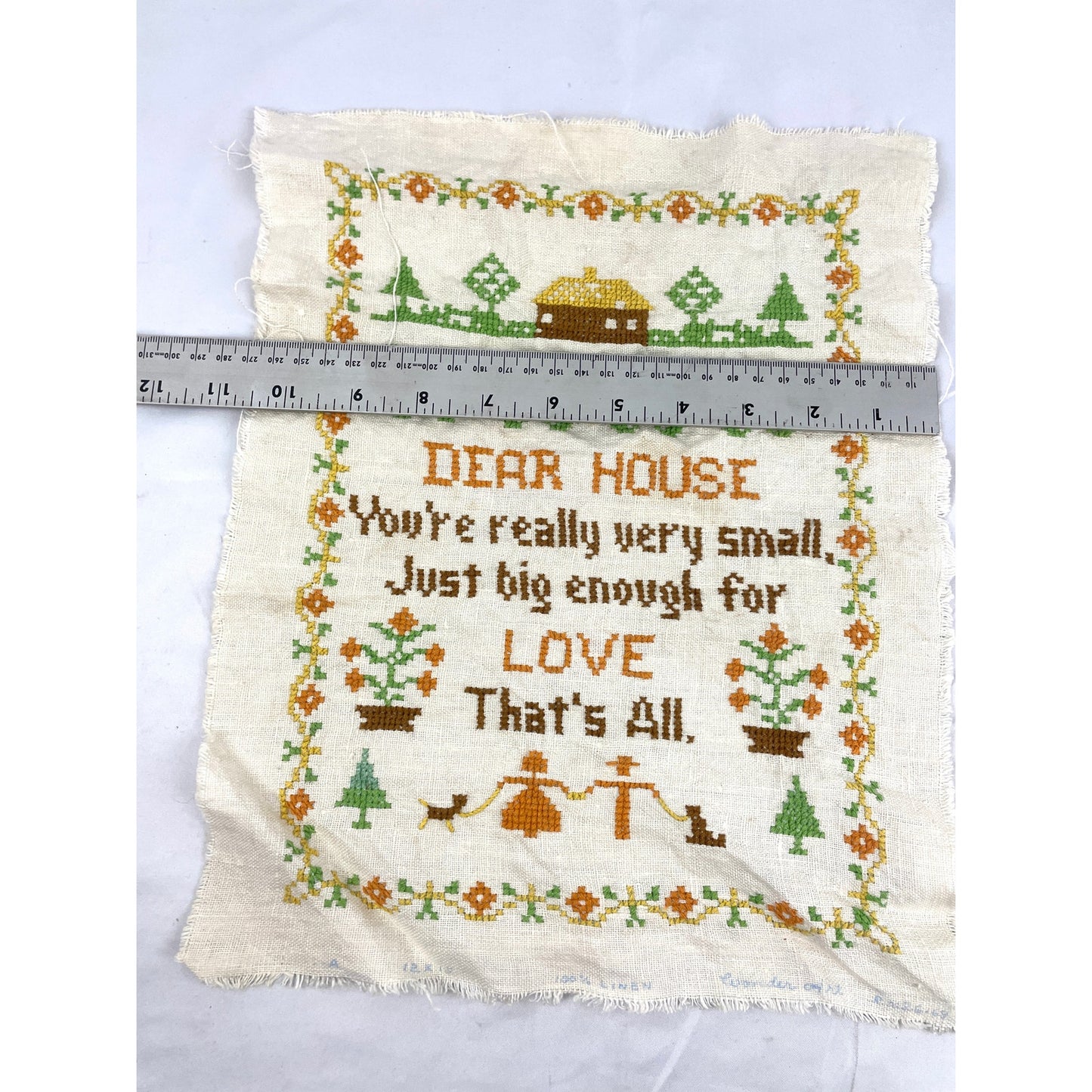 VTG Cross Stitch Dear House Youre Really Very Small LOVE Fiber Art 1970s Linen