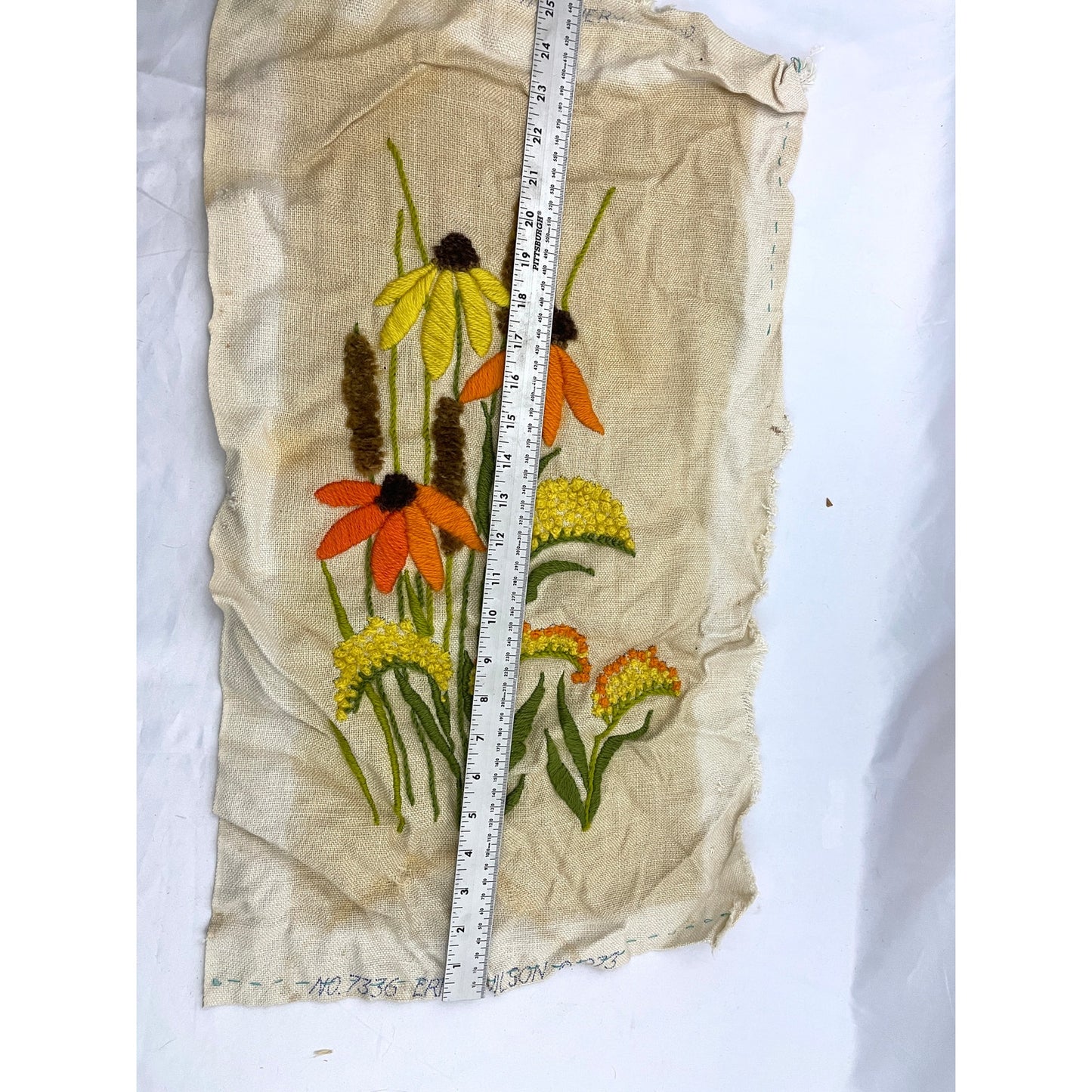 VTG Crewel Wildflowers Floral Embroidered Fiber Wall Art 15"x25" MCM 1970s