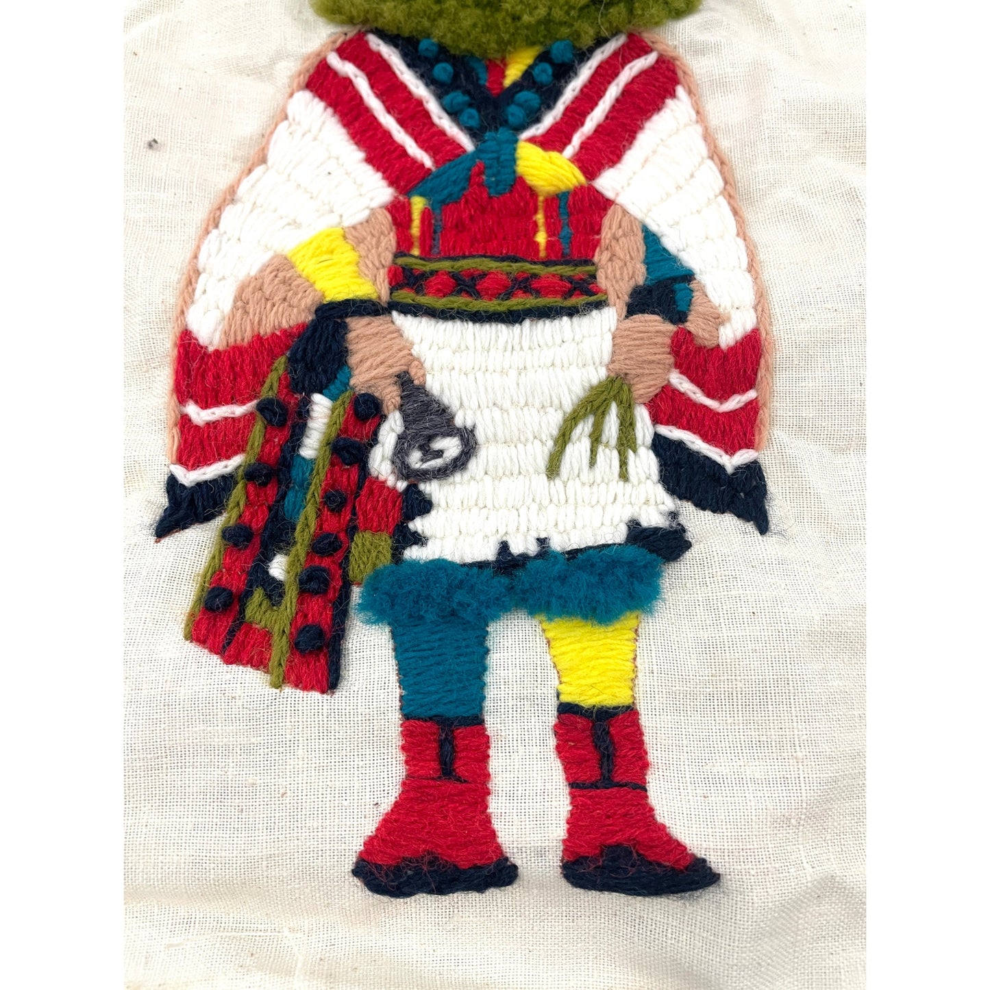 VTG Crewel Native Kachina 70s Needlecraft Hand Embroidered Art 12"x15" Unframed