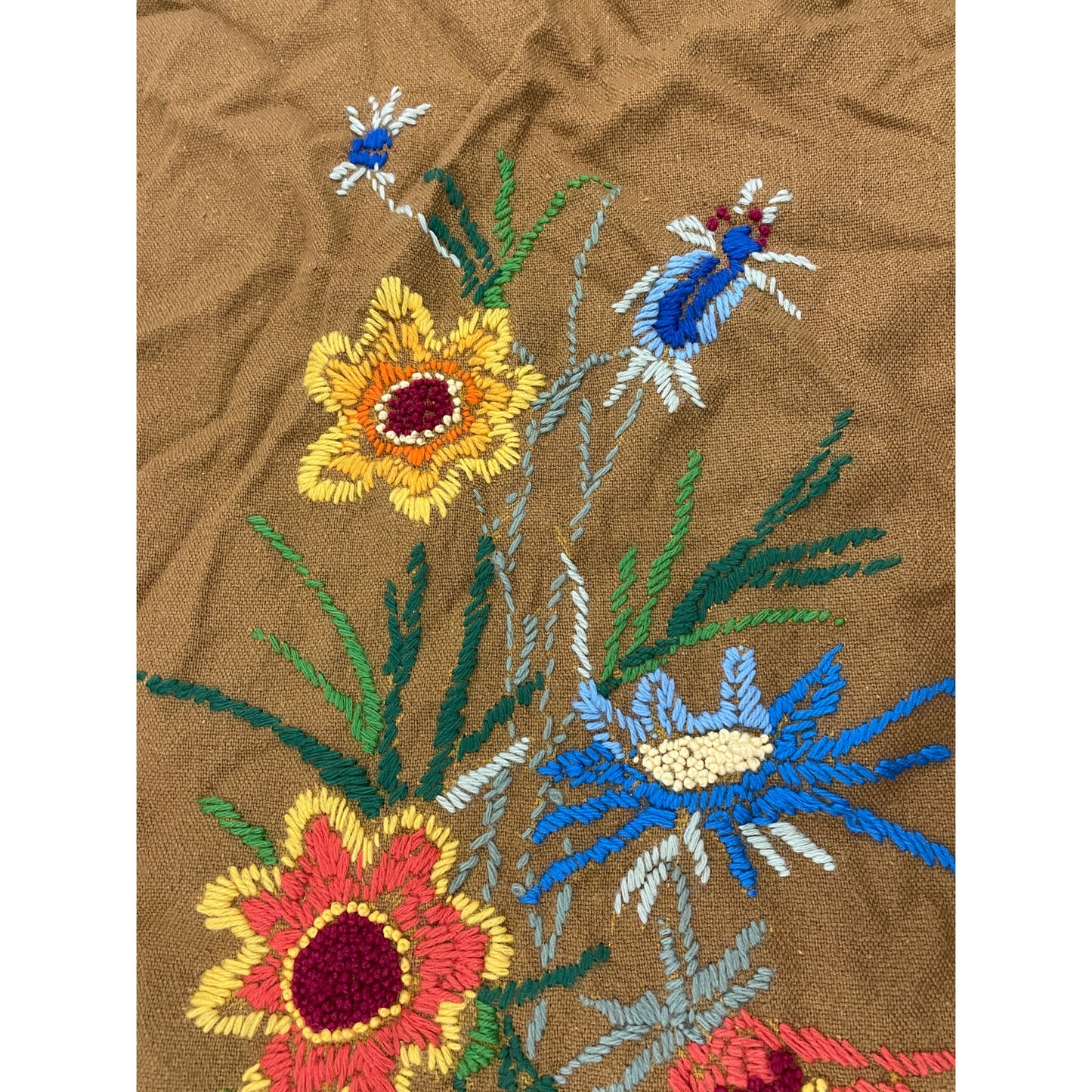 VTG Crewel Flowers Vase Needlecraft Embroidered Wall Art 20"x32" 70s Unframed