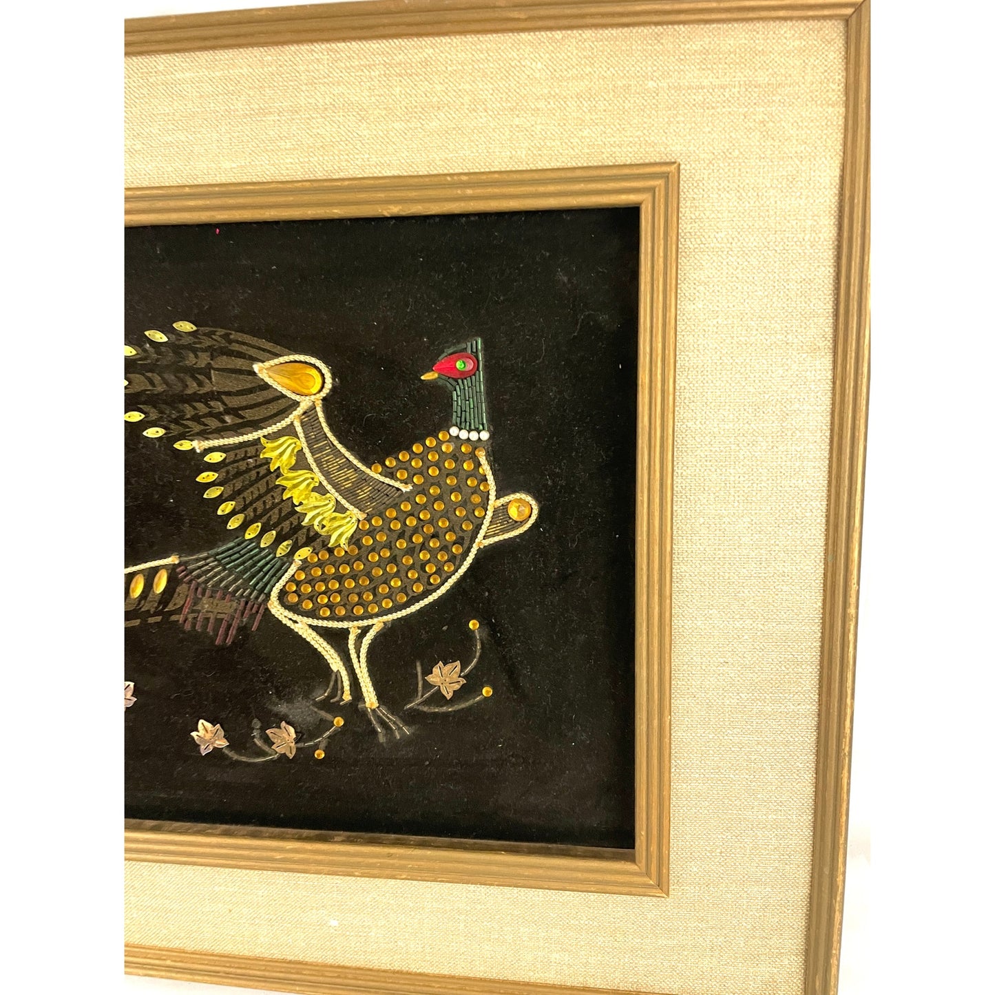 VTG Pheasant Bird Black Velvet Felt Beaded Rhinestones Art Wooden Frame MCM