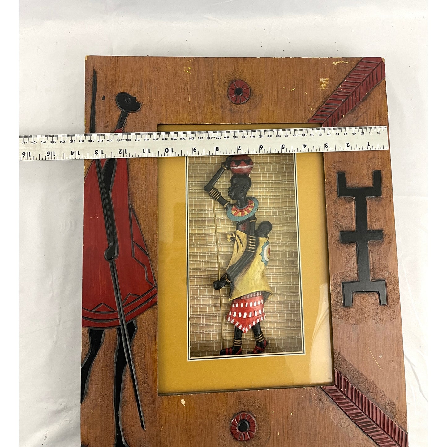 VTG Shadow Box Display With Statue Of African Tribe Woman Handmade 14"x17.5"