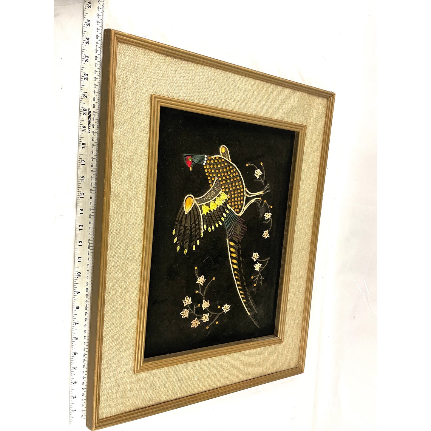 VTG Pheasant Bird Black Velvet Felt Beaded Rhinestones Art Wooden Frame MCM