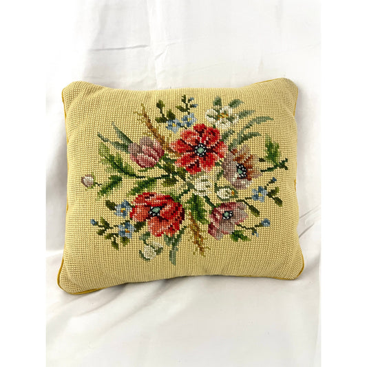 VTG Hand Sewn Pillow Wild Flowers Floral Roses Yellow Embroidered 10"x13"