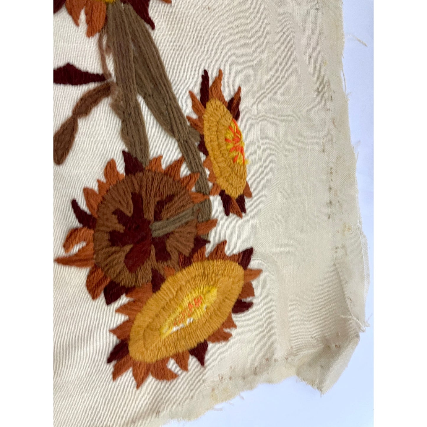 VTG Crewel Sunflower 70s Needlecraft Hand Embroidered Fiber Art 15"x30" No frame